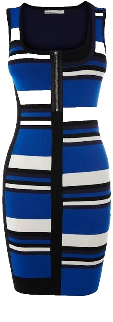 Karen Millen Bodycon Knit Dress Sleeveless Stripe Blue Black Colorblock Square M